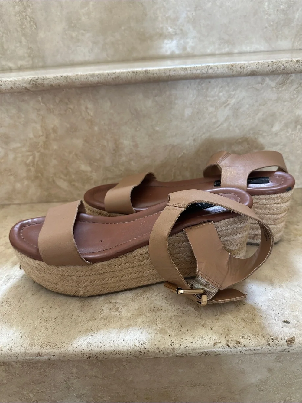 STEVEN by Steve Madden SABBIE Tan Leather Espadrille Platform Wedge Sandals
